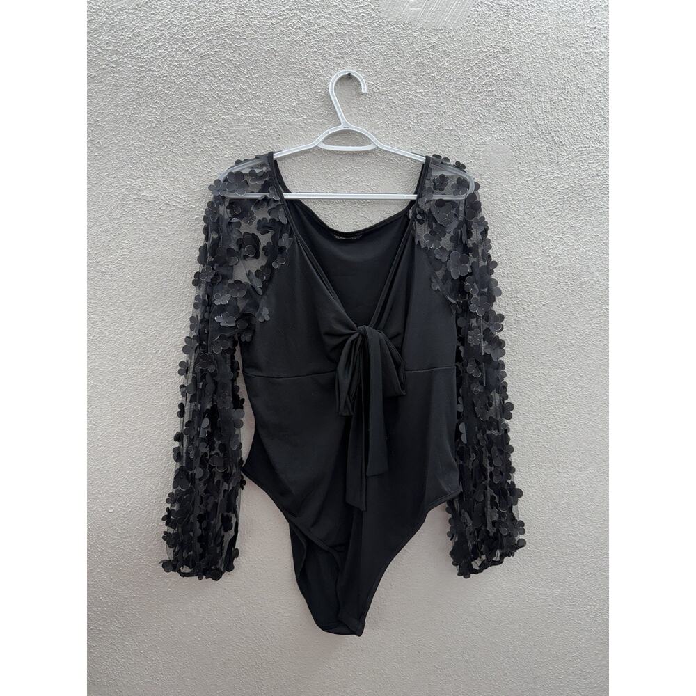 Shein Womens Bodysuit Size 3XL Black Tie Front Long Mesh Sleeve Floral Detail